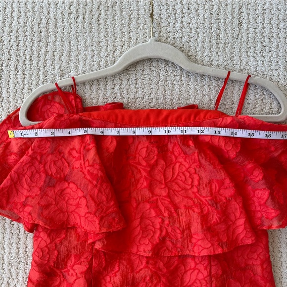 KEEPSAKE THE LABEL Red Ruffle Strapless Mini Dress Size Large Floral Jacquard - Picture 11 of 13